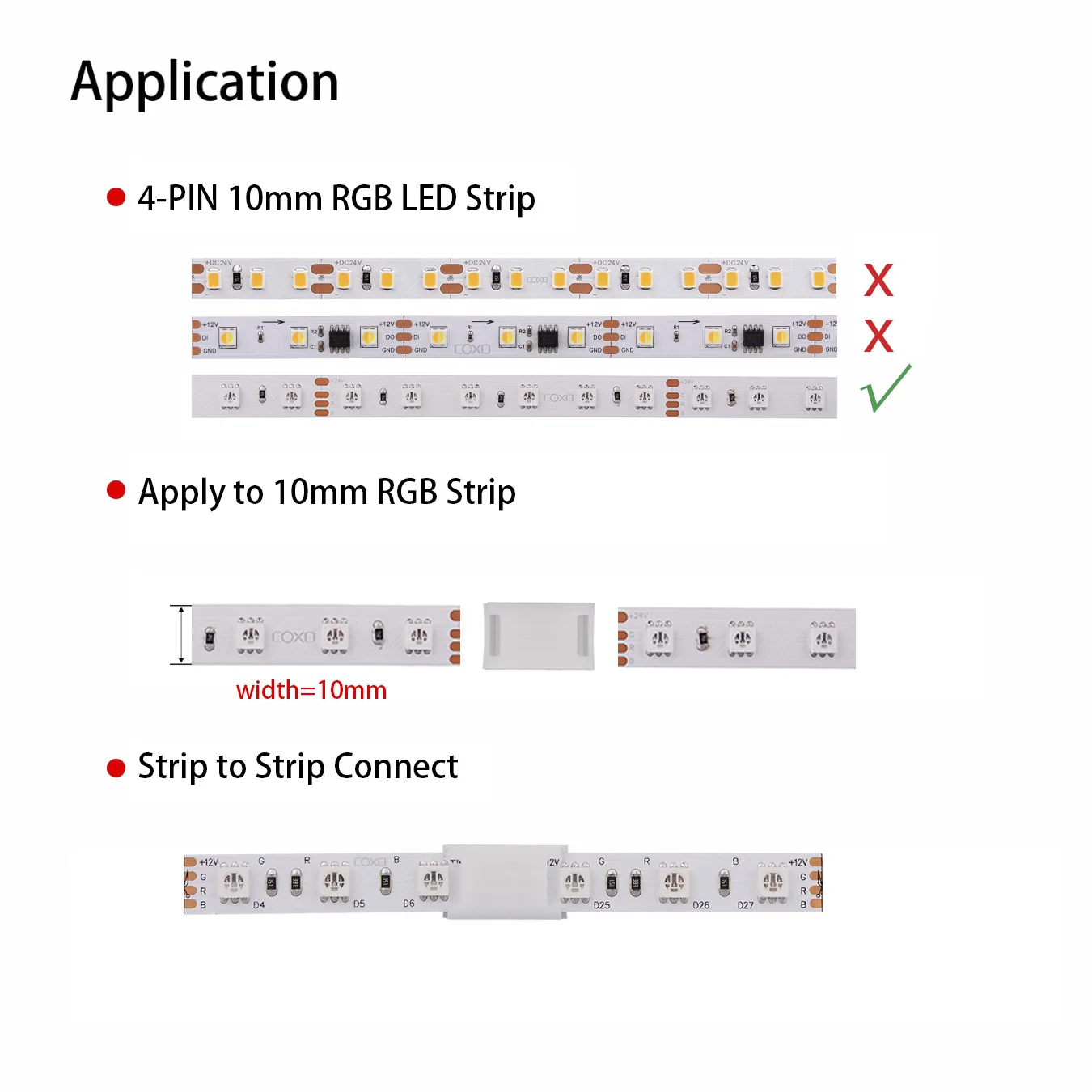 10 connettori per strisce luminose a LED RGB a 4 pin, 10 mm, senza fili, senza saldatura, per strisce LED RGB 5050, 10 connettori RGB a 4 pin