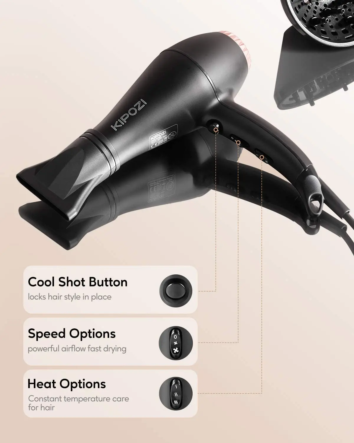 KIPOZI KP9908Hair Dryer Electric Powerful Blower Hair Salon Blow Dryer Hair Care Fast Dry with Accessories Lightweight Low Noise