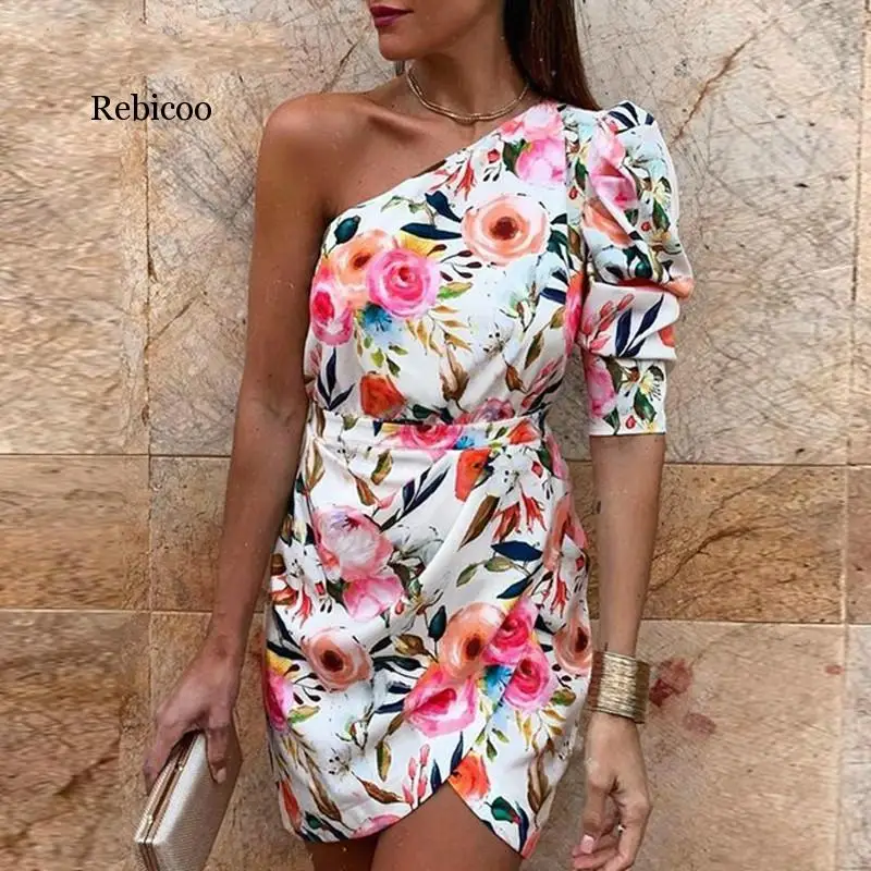 

One Shoulder Floral Print Bodycon Dress