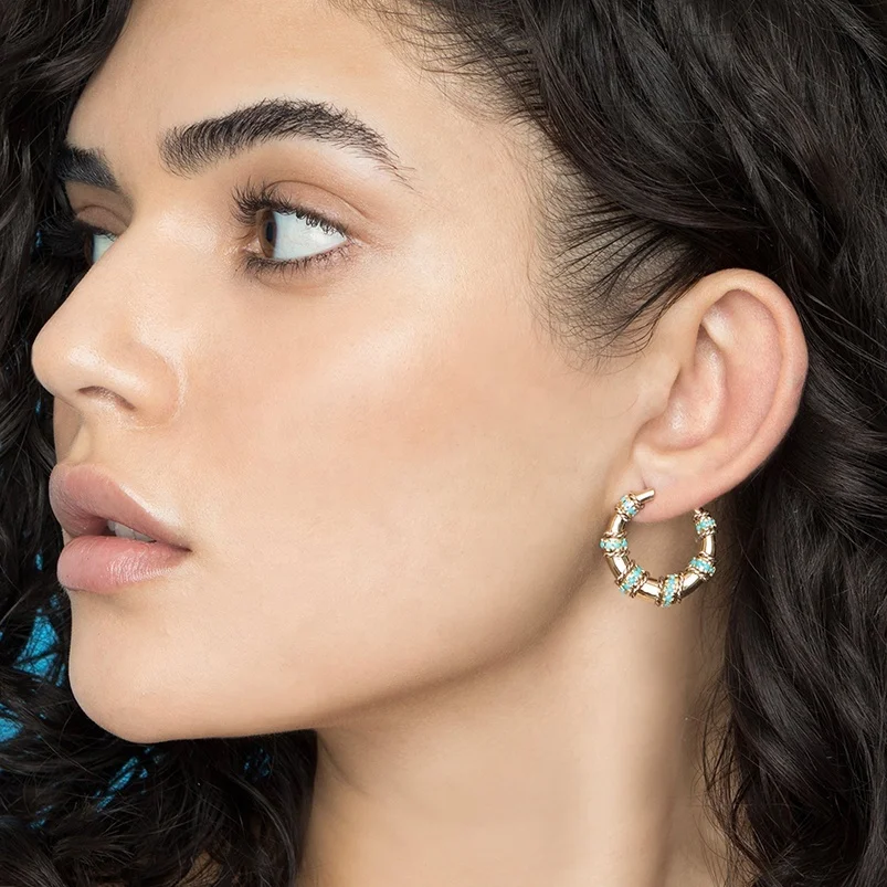 Gold color blue turquoises stone geometric round circle big horn crescent moon stud earring