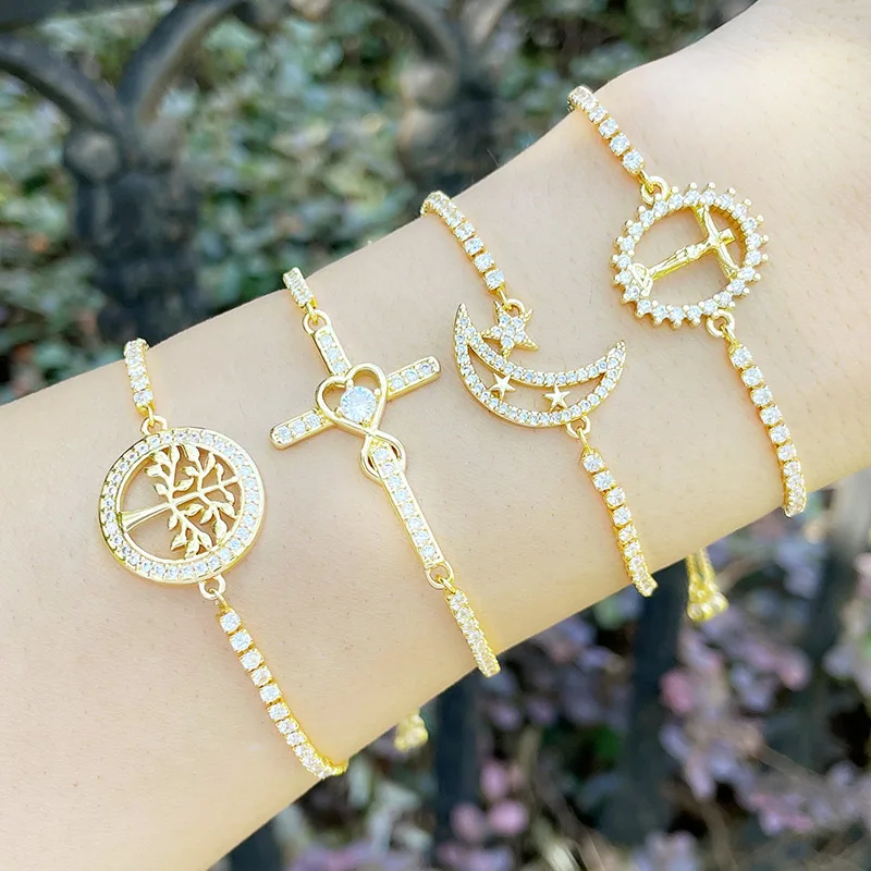 FLOLA-pulsera de cobre con circonita y Luna y estrellas para mujer, brazalete con cruz de piedra blanca, joyería chapada en oro, brte15