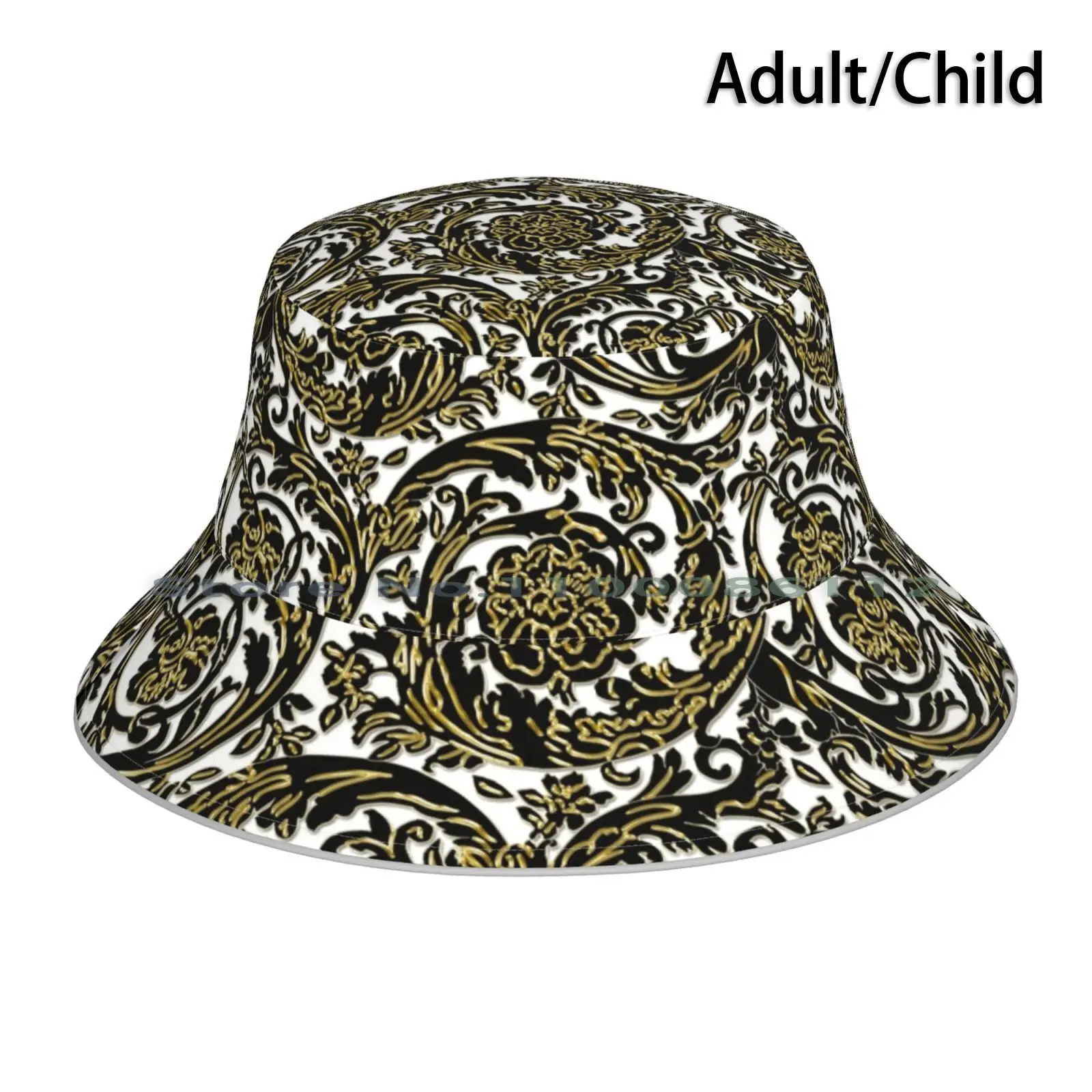 3d Luxury Decorative Baroque Ii Monochrome Black-White Bucket Hat Sun Cap Rococo Luxury Baroque Gold Golden Art Foliage Vintage