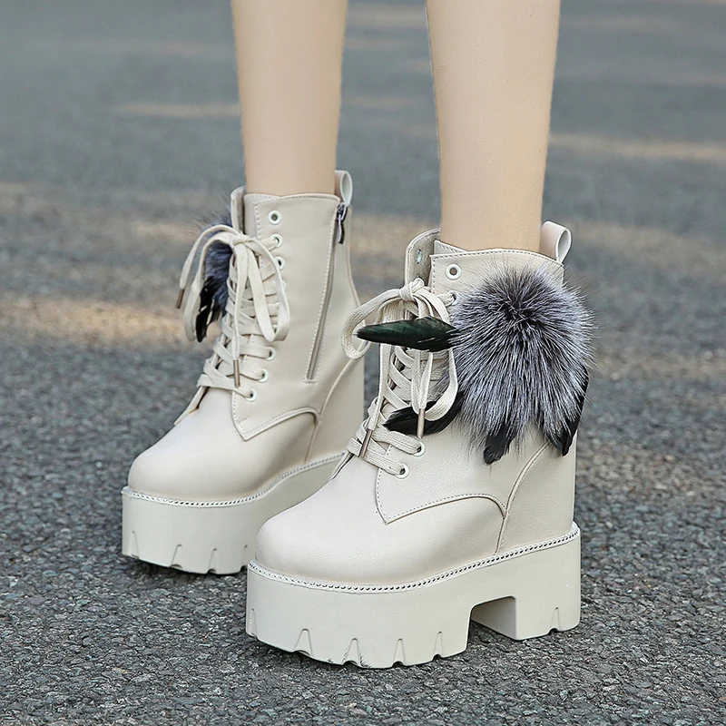 Women Platform Ankle Boots 2022 Winter Warm Fur Short Motorcycle Boots Woman 12CM High Heel Shoes Thick Sole Wedges Short Boots