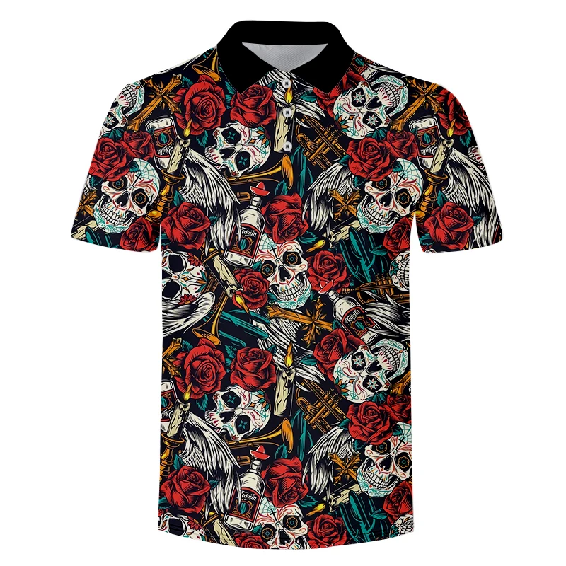 Floral Skull Rose Polo 3D Digital Printing Shirts Camisa Blouses Shirts Summer Clothes For Men Tshirts Big Size Punk Custom