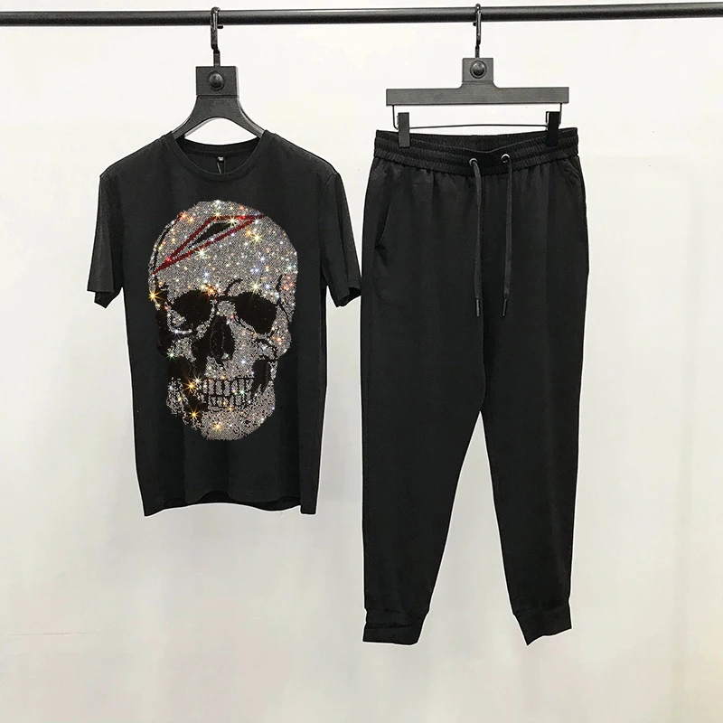 

New Shiny Skull Hot Diamond Spring/Summer Men's Sets Cotton T-Shirt Fitness Outdoor Breathable Sweatshirt Pants + Tops 2 Packs