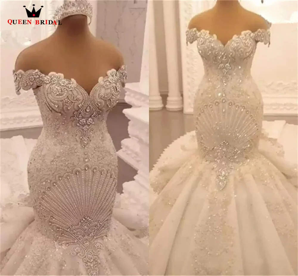 Luxury Wedding Dresses Mermaid Long Train Tulle Lace Beaded Crystal Diamond Sexy Formal Bride Gown Custom Made JY67M