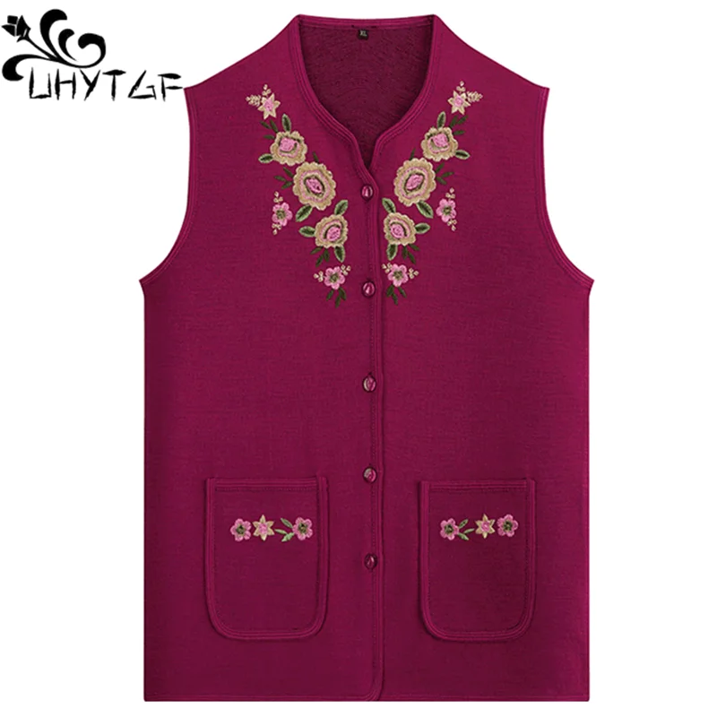 UHYTGF Strickjacke WomenJacket Sleeveless Frühling Weste Mantel Bestickte V-ausschnitt Lässig Mom Dünne Weste Lose Größe Top 1505