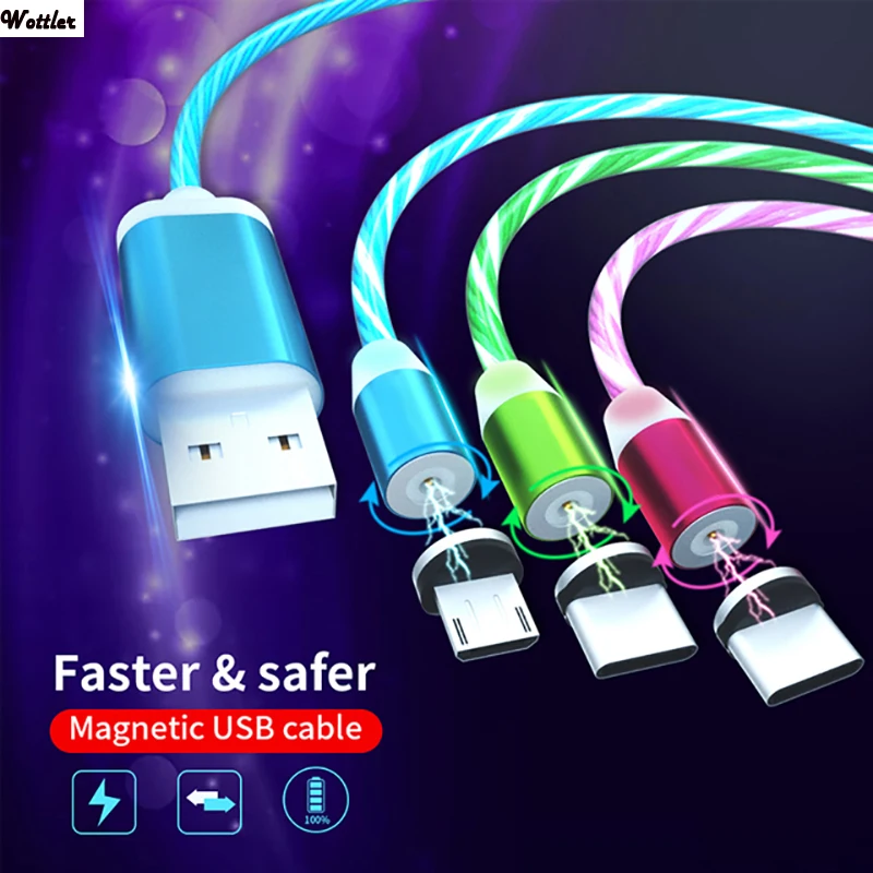 Beauty Magnetic Charging Mobile Phone Cable Flow Luminous Lighting Cord Charger Wire for Samaung LED Micro USB Type C for iphone