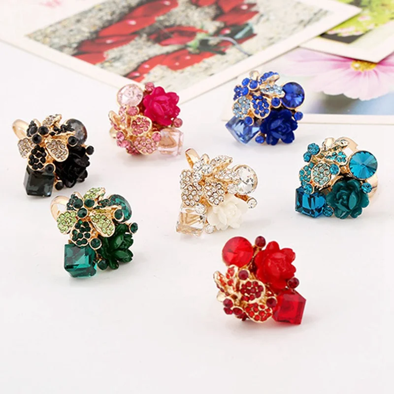 Crystal Fashion Party Ring Colorful Jewelry Trendy Resin Adjustable Women's Ring Flower Ring for Women