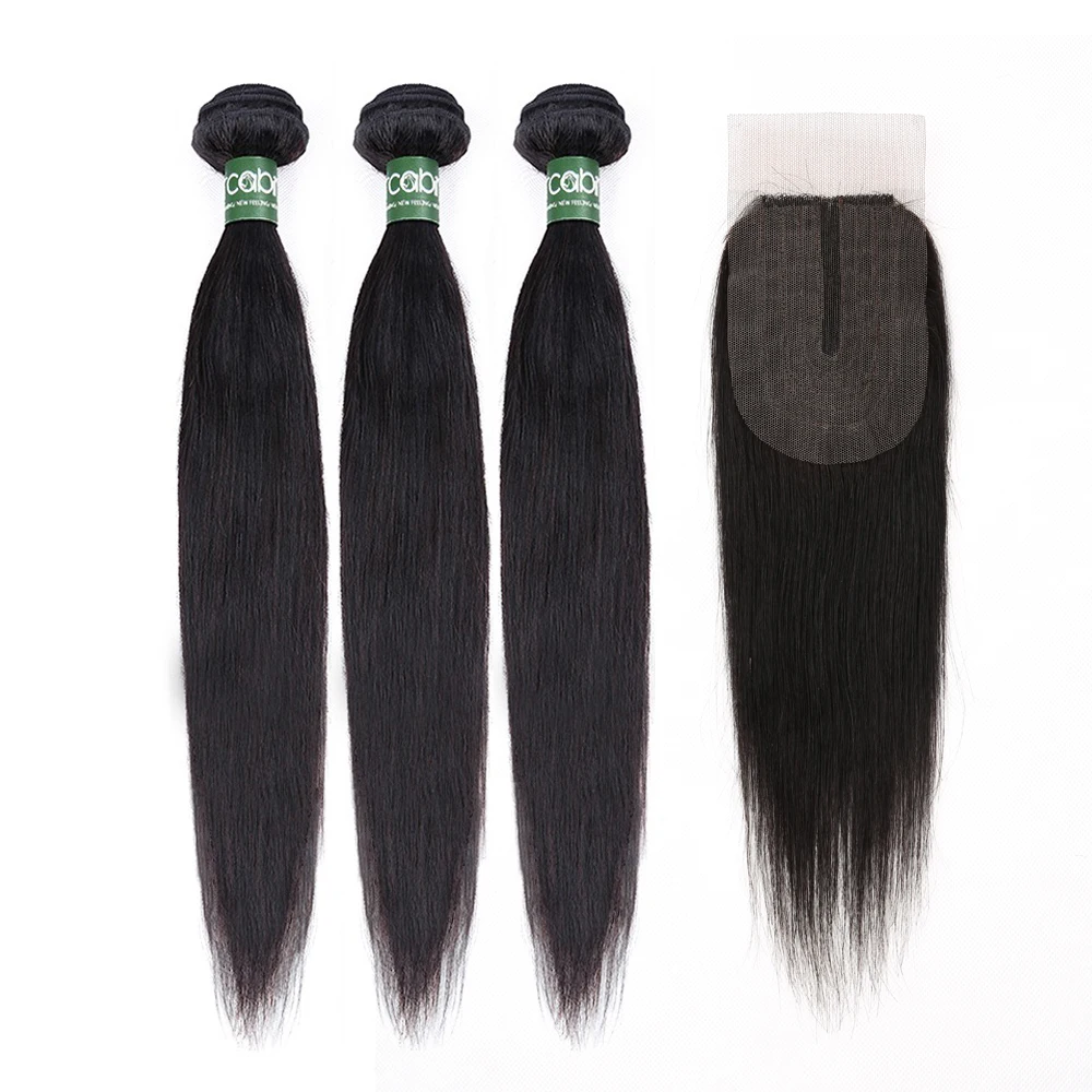 

Human Hair Middle Part 2x4 Closure With T Type Lace Closure Brazilian Straight Hair 3/4 Bundles With Closure