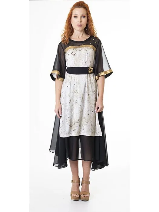 Wedding guest party dress, women's long for event. Satin and chiffon dress in black color. Short Sleeve with belt and gold details