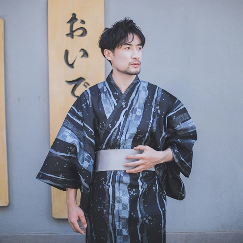 Traditional Japan Kimono Yukata Men's Dressing Gown Male Lounge Robes with Belt Summer Pajamas