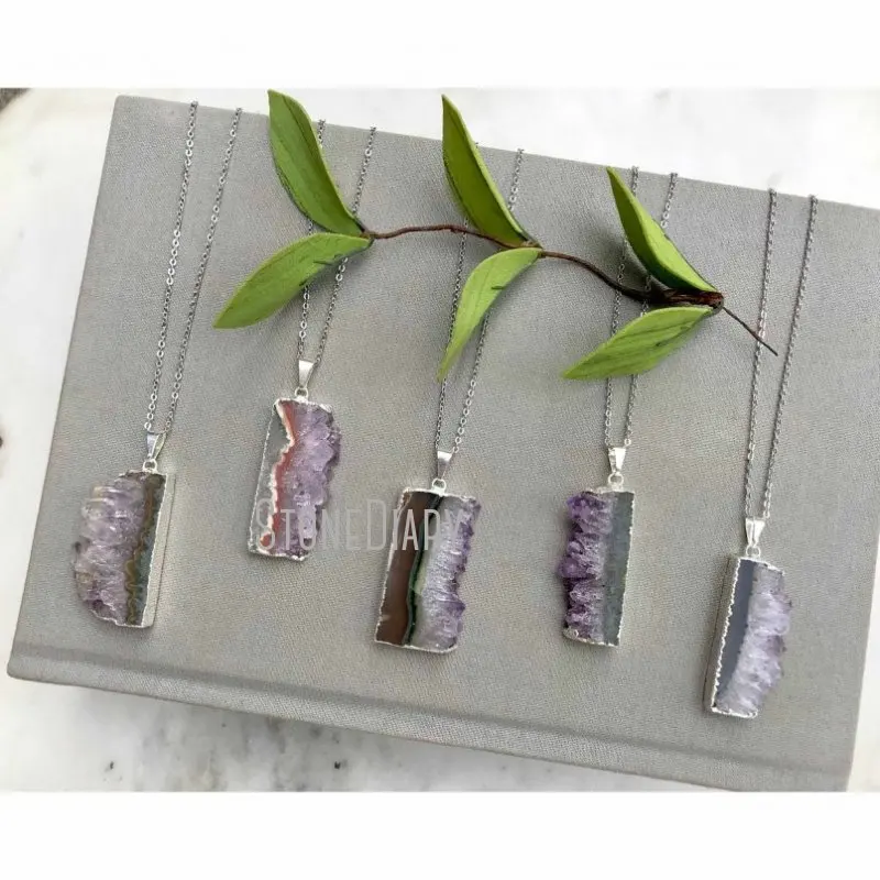 

NM36622 Raw Amethyst Crystals Healing Stones Free Form Slice Chain Necklace Silver Plated Bohemian Jewelry