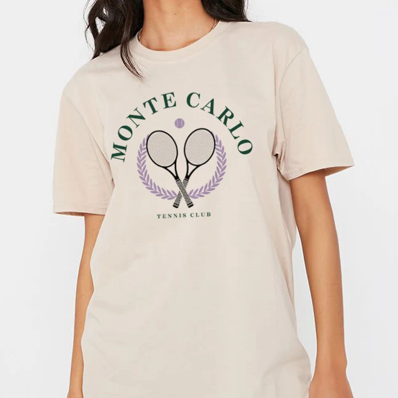 Monte Carlo Tennis Print Women's T-Shirt Summer Cotton Oversized T Shirt Aesthetic Vintage Shirt Streetwear Top Retro Clothes