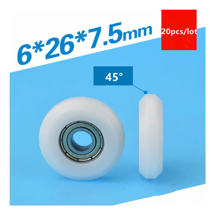 20pcs circular arc plastic coated bearing 696ZZ 6*26*7.5mm POM Nylon plastic pulley wheel roller bore size 6mm diameter 26mm