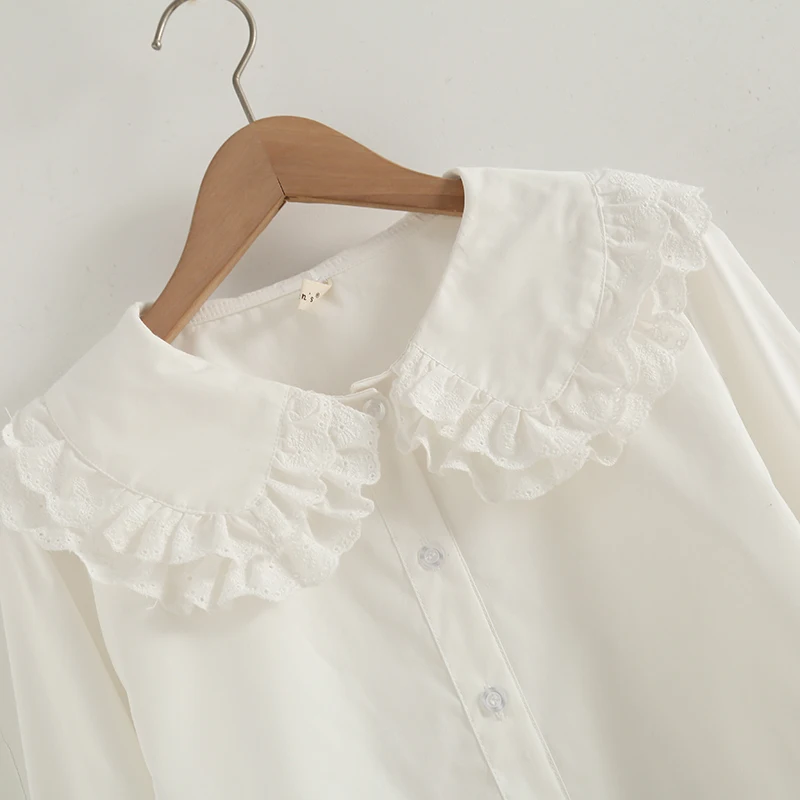 Kawaii Soft Girl Lolita Blouse Women Spring Autumn Long Sleeve Tops Cute Button Up Frilled Ruffle Peter Pan Collared Shirt White