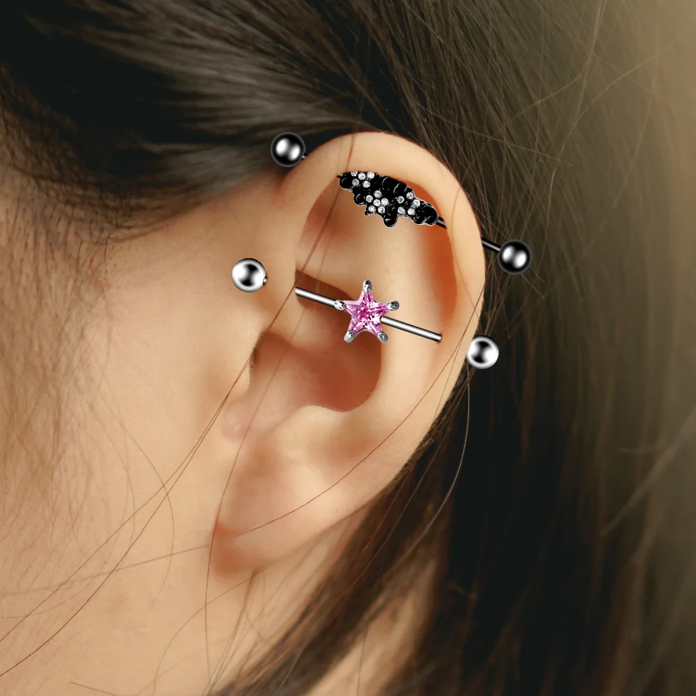 316L Surgical Steel Skull Industrial Barbell Earring Pink Zircon Ear Rings Piercing 14G Helix Piercing Cartilage Body Jewelry