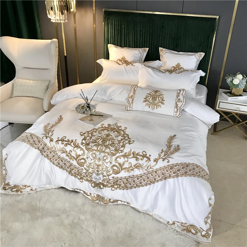 White Satin and Cotton Bedding Set, Duvet Cover, Bed Sheet, Fitted Sheet, Pillowcases, Luxury European Royal Gold Embroidery