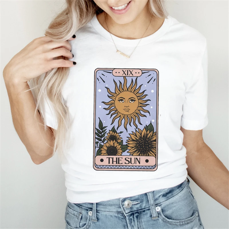 Women Fashion 90s Sun Tarot Printed Short Sleeve Summer Tshirts Fashion Clothes Graphic T Top Lady Print Female Tee T-Shirt