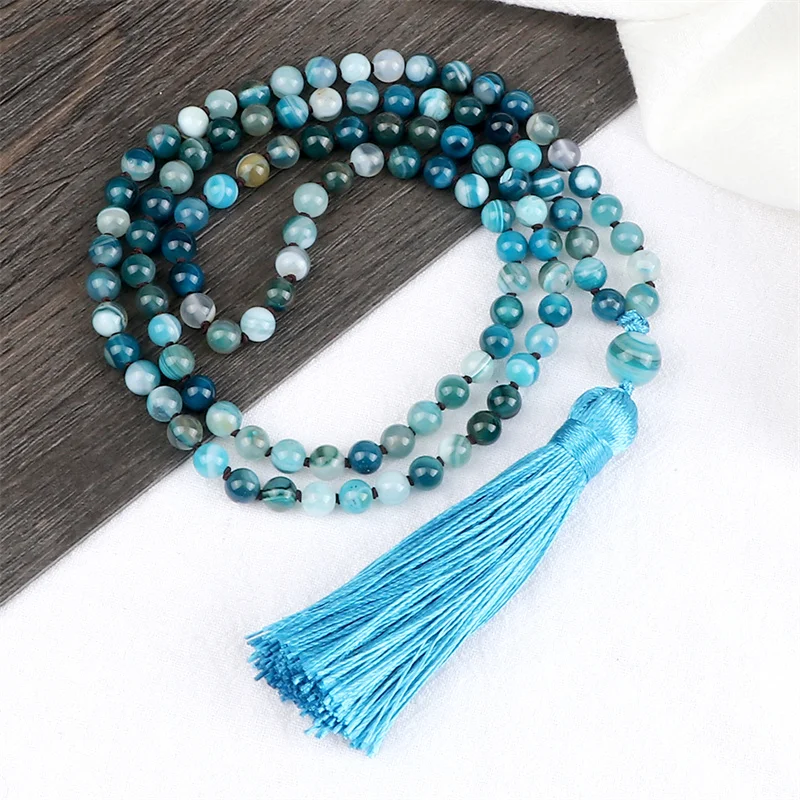 Natural 6mm Striped Agates Stone Necklace Prayer Buddha 108 Mala Beads Blue Tassel Bohemian Necklaces for Men Women Yoga Jewelry