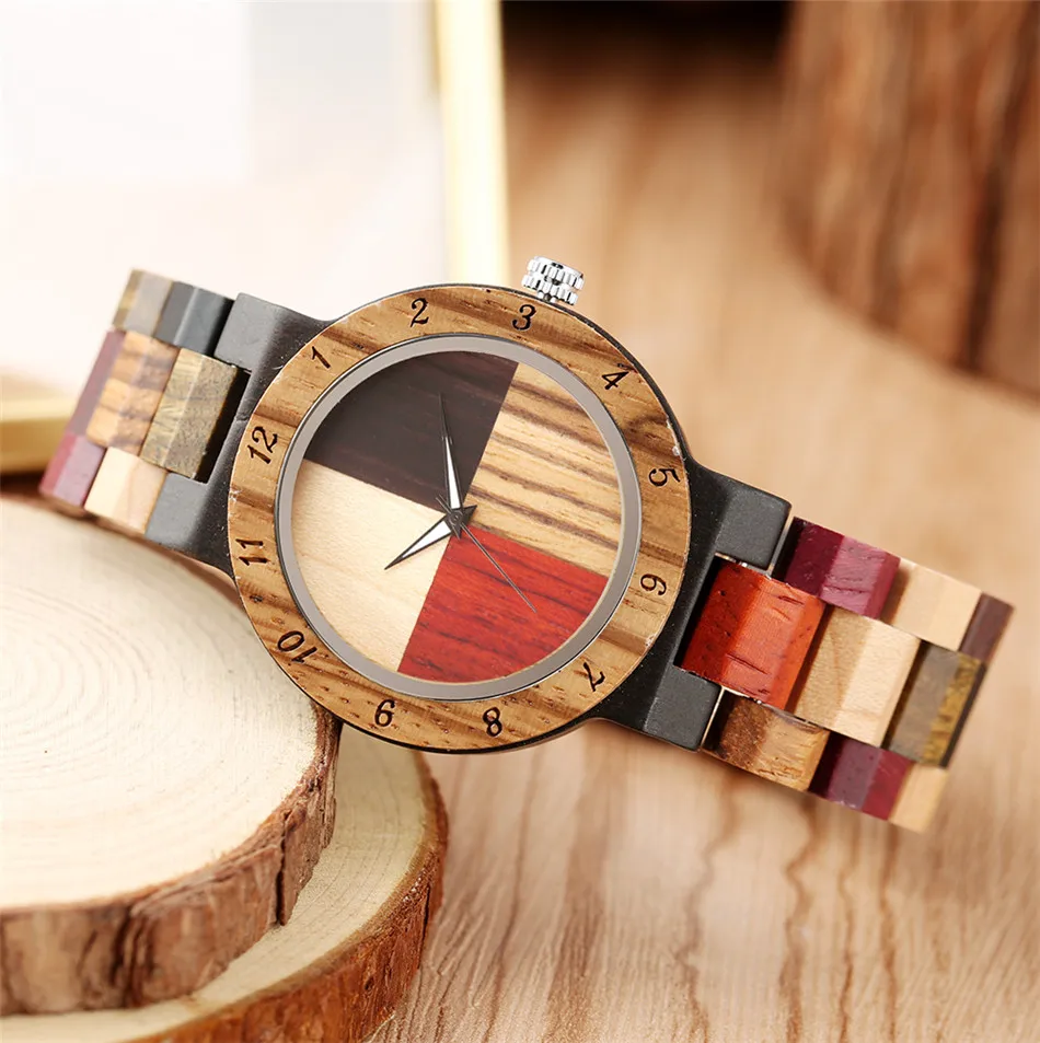 Wood Bangle Women\'s Quartz Wristwatch 4 Colors Mixed Dial Natural Full Wooden Lady Bracelet Watches Folding Clasp Timepiece