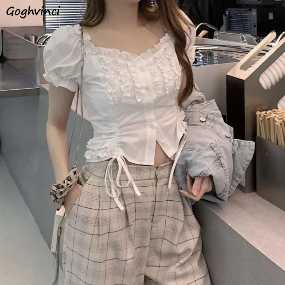 Shirts Women Ins Summer Ruffles French Square Collar Crop Top Slim Sexy New Design Streetwear Aesthetic White All-match Clothes