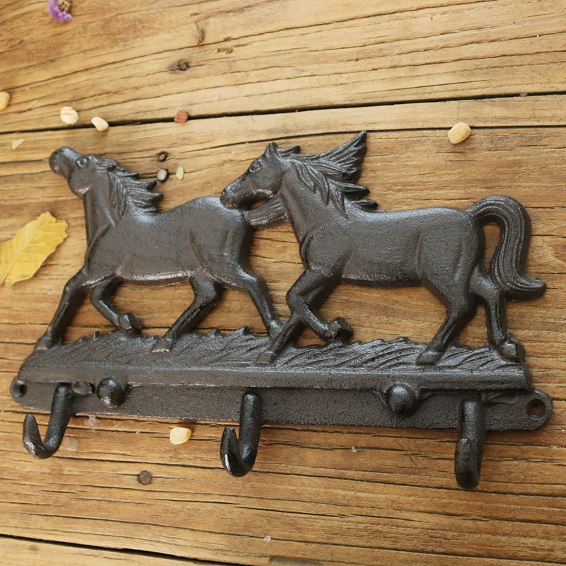 Cast Iron Horse Wall Hook with 3 Hooks, Decorative Metal Hook with Screws and Anchors