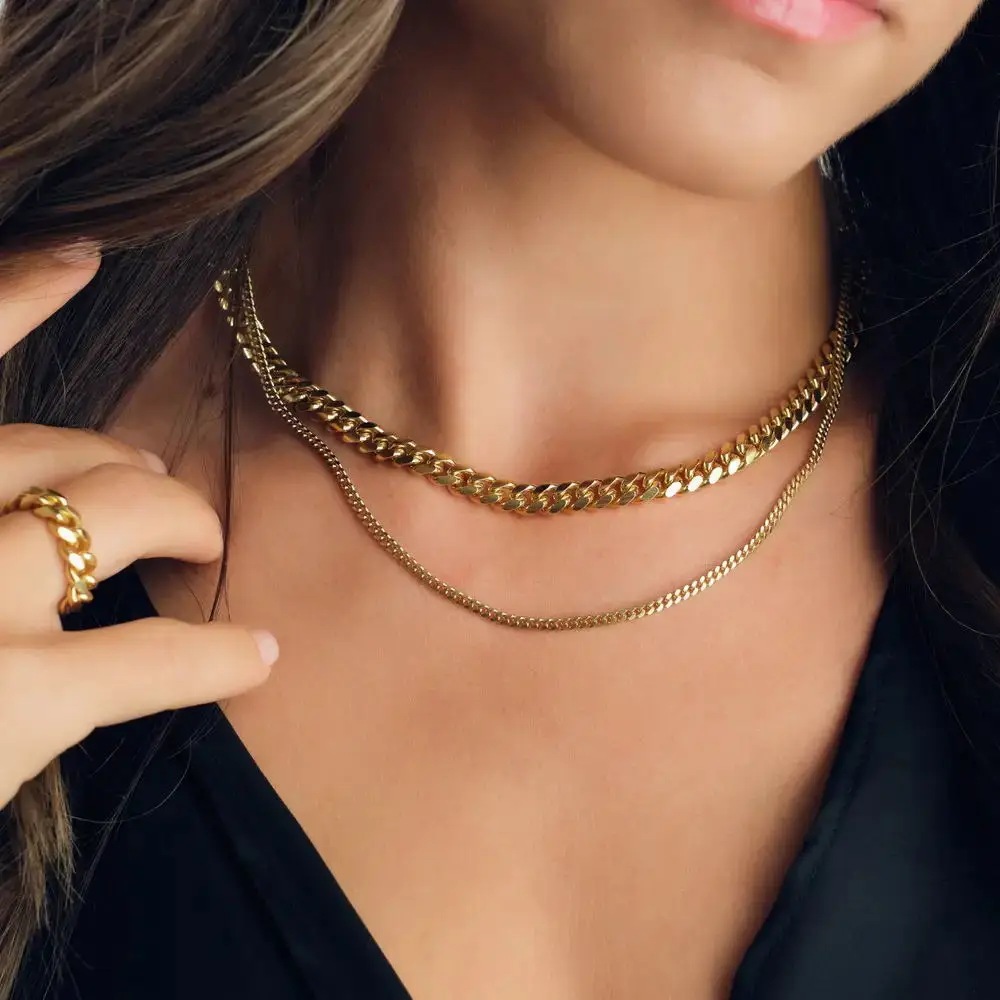 Vnox Women Chain Necklaces, Cuban Miami Curb Chain,Herringbone Flat Snake Chain Necklace,Solid Gold Color Stainless Steel Choker