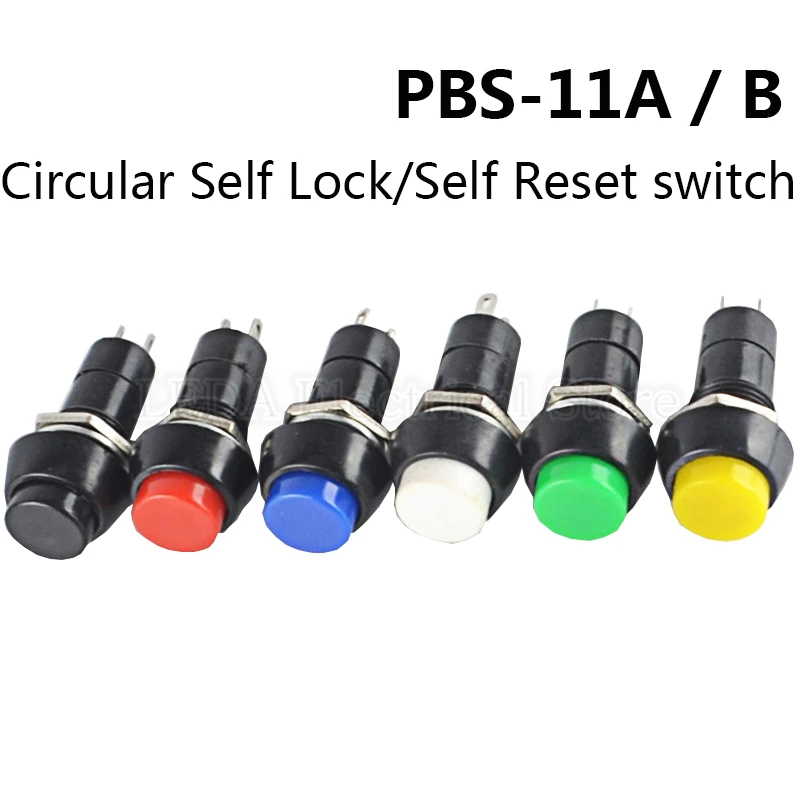 6Pcs PBS-11A / PBS-11B 12mm Self-Locking Self-Reset Plastic Round Push Button Switch 3A 250V AC 2PIN 6 Color