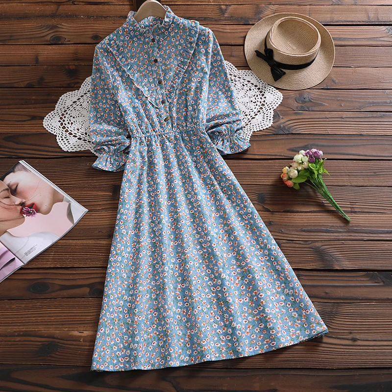 Mori Girl Corduroy Floral Dress New Autumn Fashion Long Sleeve Sweet Vestidos