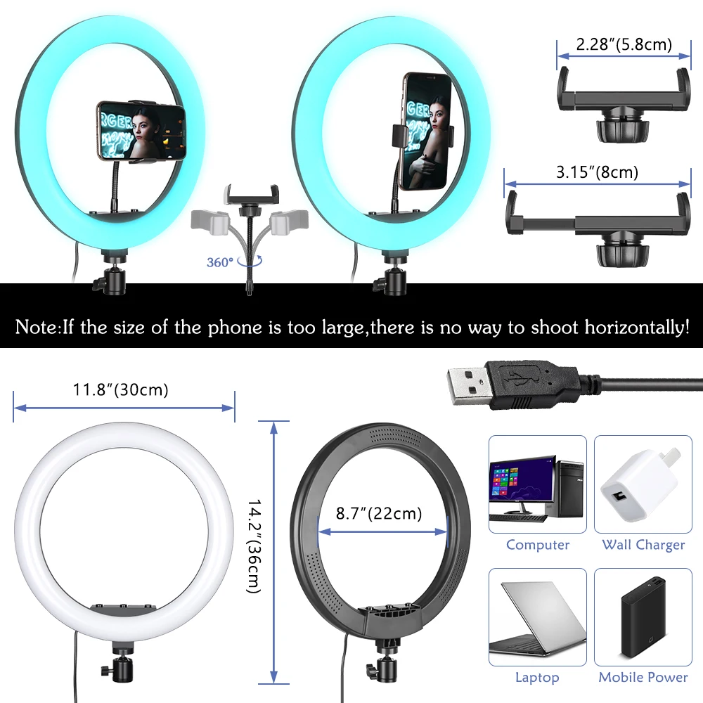 12inch 30cm Ring Light RGB Selfie Photography Fill Lighting With Tripod Stand Usb Charge Led Lamp For Video Fill Youtuber Set