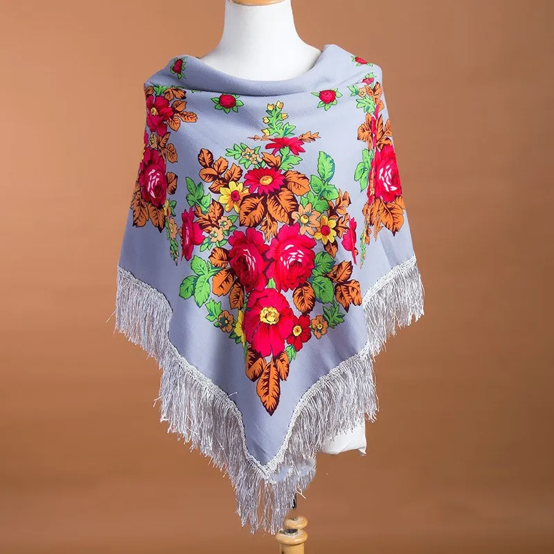 Bufanda cuadrada nacional rusa para mujer, chal de algodón con estampado de flores de gran tamaño, Fular Retro con flecos para invierno