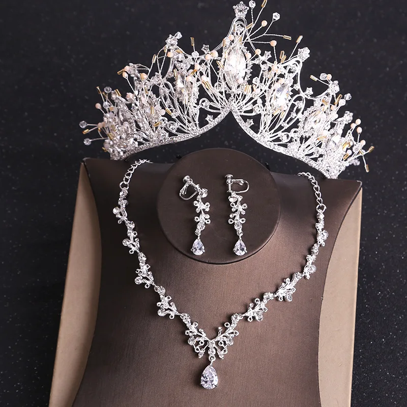 KMVEXO Costume Bridal Jewelry Sets Rhinestone Crystal Gold Color Tiara Crown Earrings Necklace Wedding Bride Luxury Jewelry Set