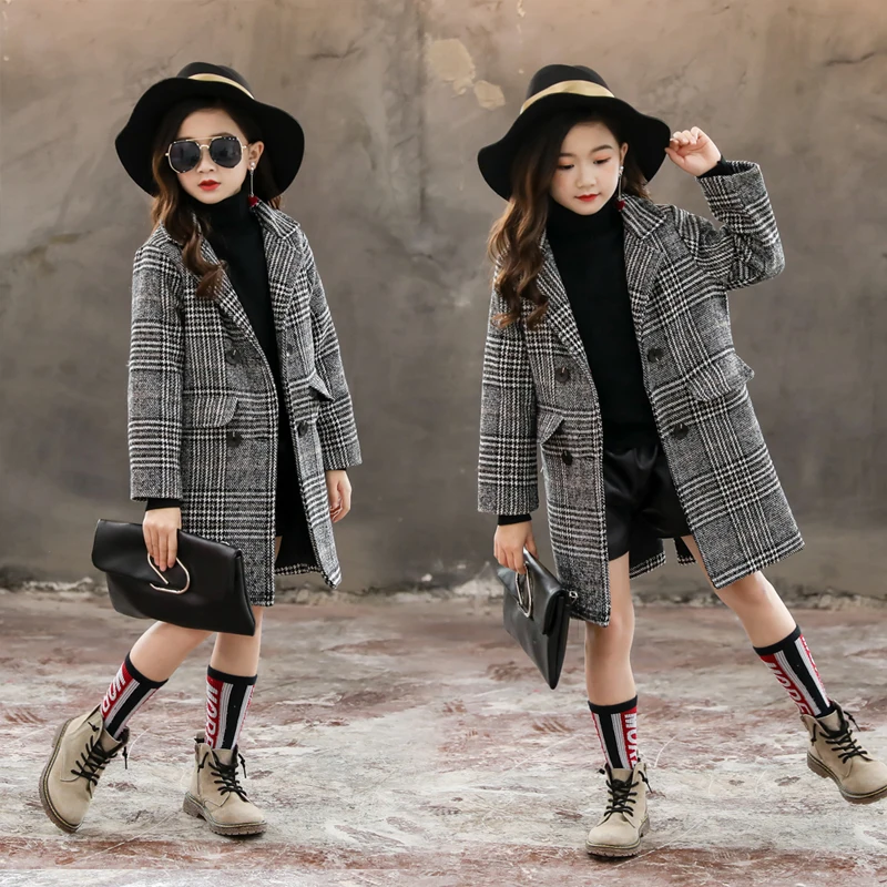 Girls Winter Coat Thick Woolen Jacket For Girls Fashion Plaid Kids Outerwear Autumn England Teenage Clothes For School Girls