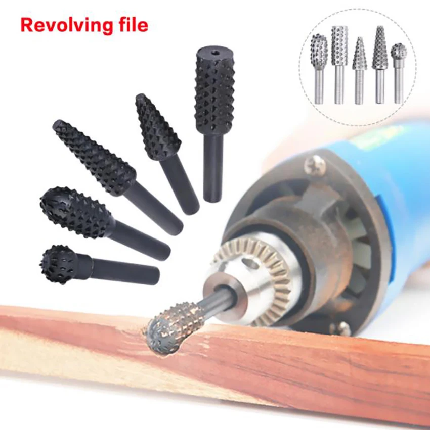 5Pcs/set Carbon Steel Rasp File Drill Bits Set, Woodworking Carving Grinder Drill Rasp Tool, 1/4" Round Rotary Files Set дереву