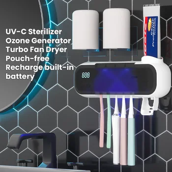 Uv-c toothbrush sterilizer holder silent ozone generator toothpaste squeezer dispenser bathroom turbo fan dryer storage box holder