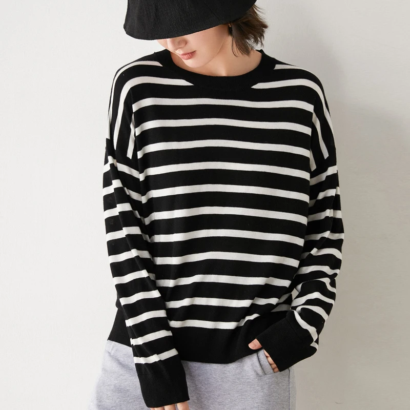 New Arrival  Spring and Autumn Wool Sweater  Women stripe  Long sleeve  O-neck Pullovers Knitted wool Sweaters