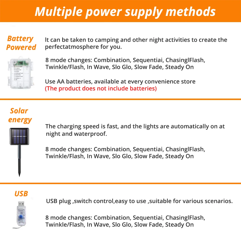 LED Solar String Lights Remote Control 8 Mode Rope Light Outdoor Waterproof Fairy Lights Camping Party Christmas Decoration