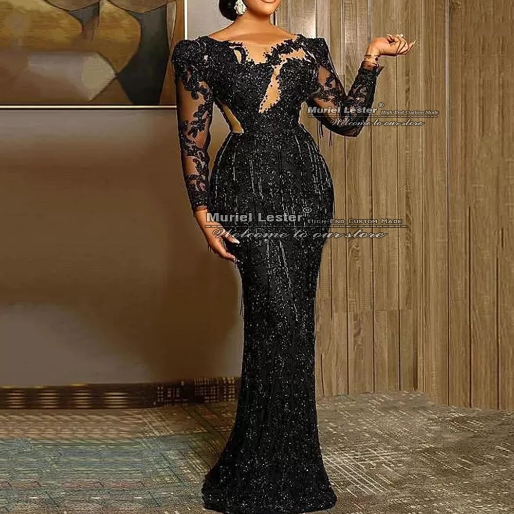 Aso Ebi Arabisch Black Mermaid Avondjurken Plus Size Volledige Mouwen Hals Vrouwen Formele Partij Jassen Applicaties Kralen Jurk