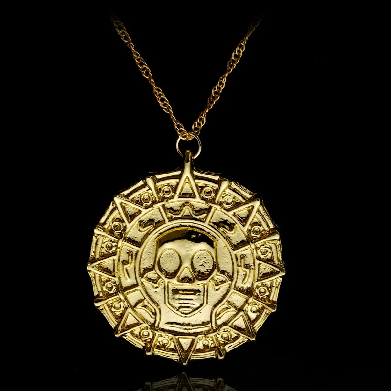 Movie Pirates of The Caribbean Necklace Aztec Coin Vintage Gold Plated Captain Jack Sparrow Medallion Skull Pendant Necklace