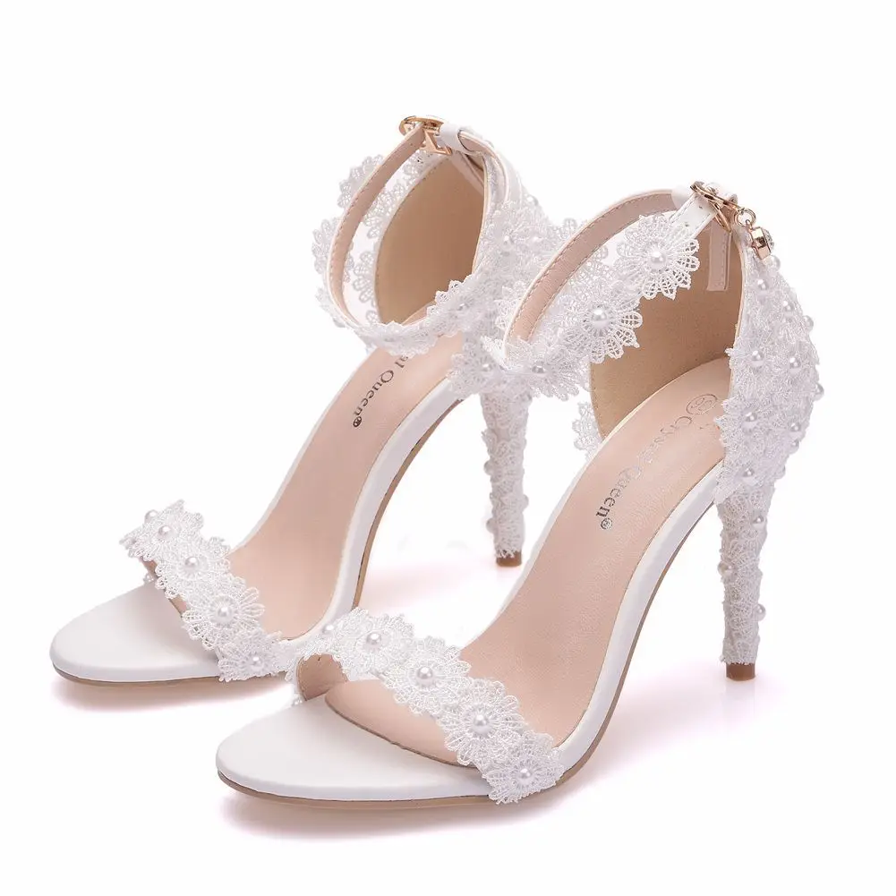 White Ankle Strap Lace Flowers Elegant Party Sandals Thin High Heels Women Big Size Summer Office Wedding Shoes Stilettos H0036