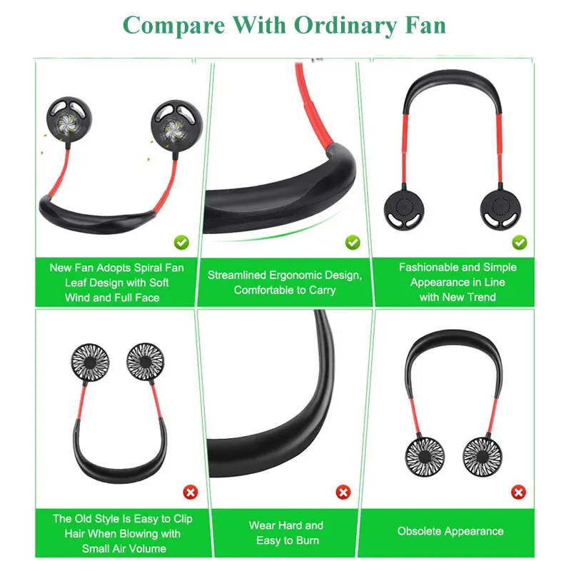 핸즈프리 목 팬 USB 충전식 Bladeless 저소음 3 기어 스포츠 미니 넥 밴드 팬 가정용 사무실 사용 Dropshipping