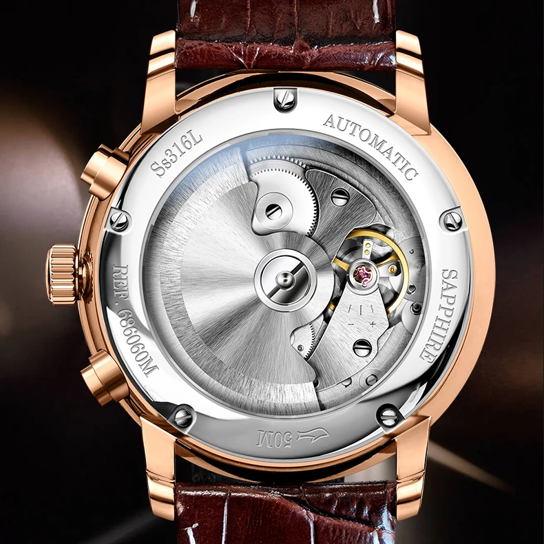 BORMAN Men Automatic Watch 41mm Mechanical Wristwatch Waterproof Sapphire Mirror Multi Dial Leap Year Month Week Date