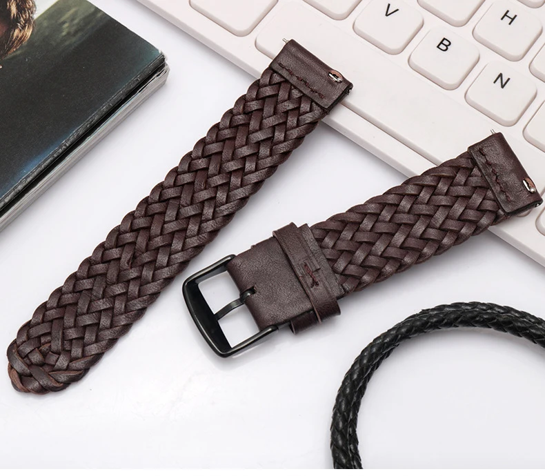 20mm 22mm 24mm Braided Genuine Leather Strap Quick Release Men Women Replacement Bracelet Belt Wrist Band for Smart Watch Brown