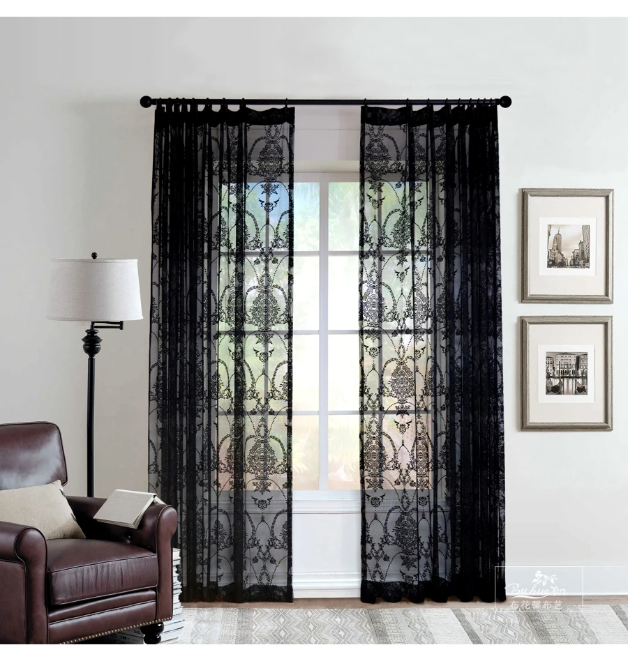 European Solid Black Sheer Curtains for Bedroom Living Room Premium Black Lace Curtain Drapes Home Decoration Background Fabrics