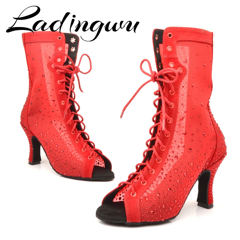 

Ladingwu Latin Dance Boots Latest Woman Mesh Hot Rhinestone Red Dance Shoes Salsa Ladys Black Suede Ballroom Dancing Shoes