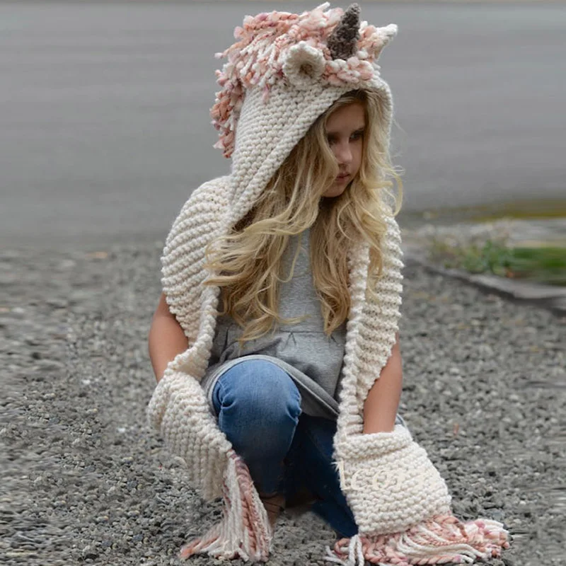 Handmade Knitted Unicorn Winter Hat and Scarf Set Crochet Hooded Design for Girls and Boys Cosplay girls winter hats