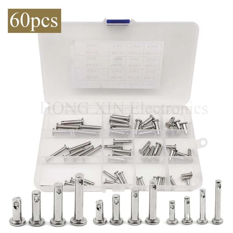 

60Pcs M3 / M4 / M5 12 Species Stainless Clevis Pin Flat Head Pin with Hole Location Pin T-Shape Round Pin Assortment Kit