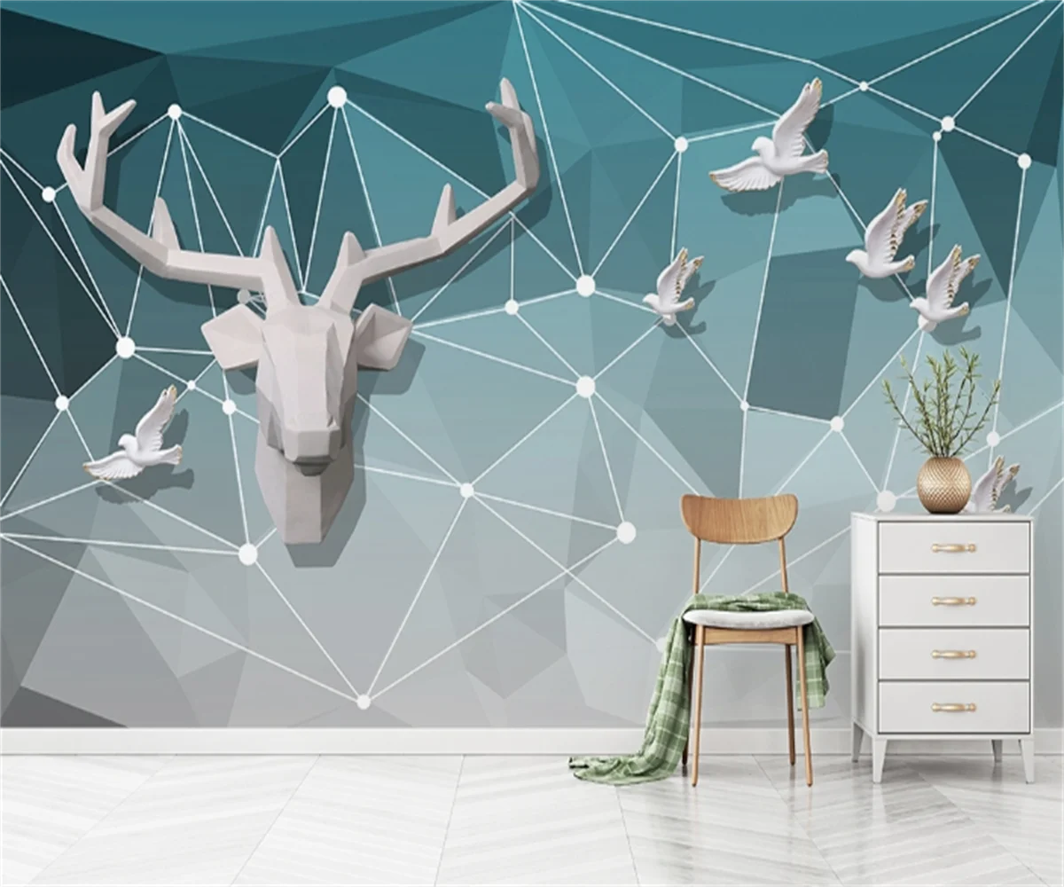 Nordic geometric relief elk flying bird decorative painting background wall painting blue tone home improvement custom wallpaper