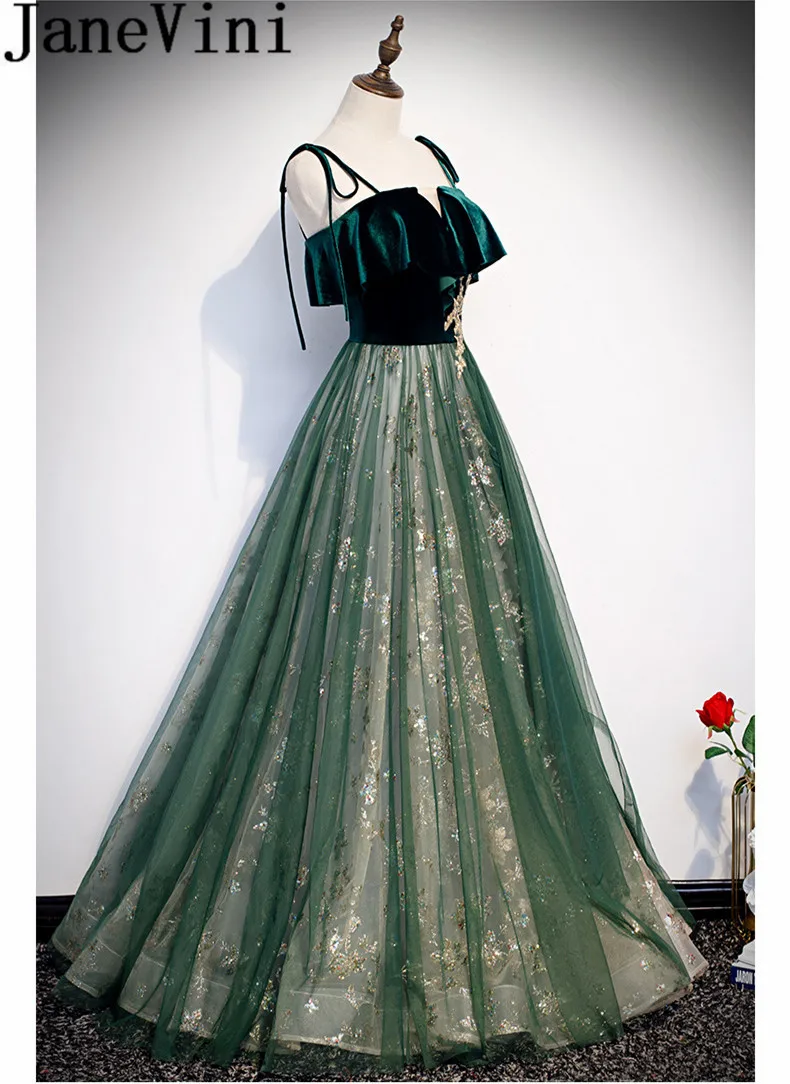 Janevini escuro verde veludo superior vestidos de baile longo ouro brilhos princesa fofo tule cintas de espaguete uma linha formal vestidos de festa